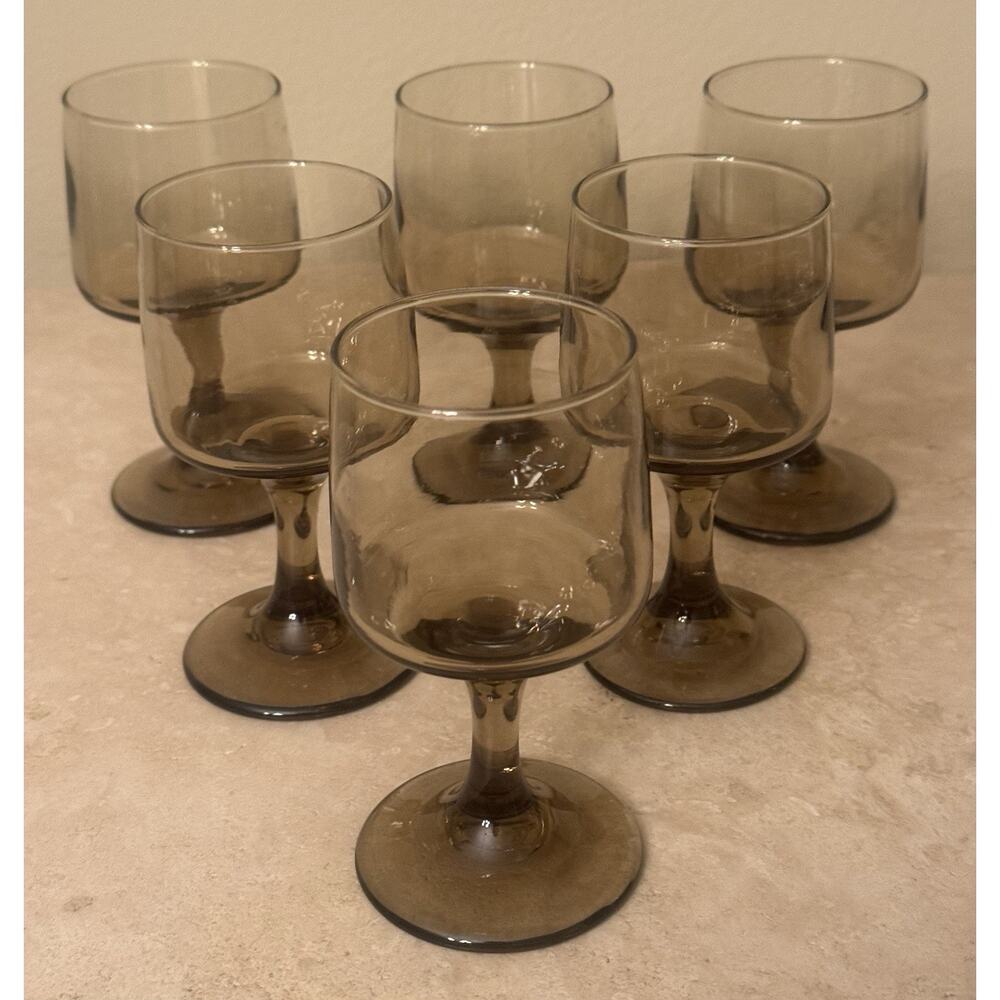 Mid-Century Modern (1945-1969)Set of 6 Stemmed Wine Glasses Smoke Br 5.25” Tall